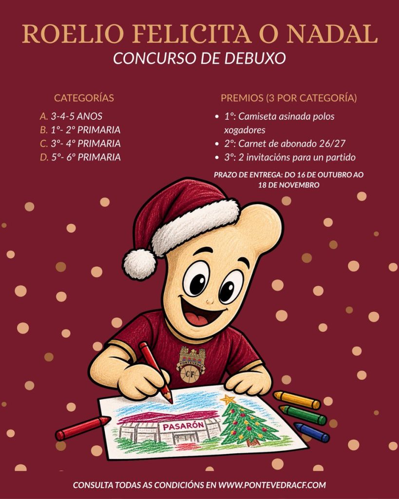 Cartel del concurso de dibujo infantil «Roelio felicita o Nadal» del Pontevedra CF