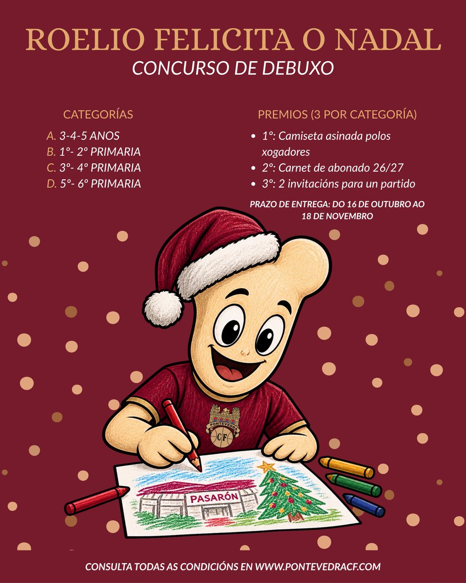 Cartel del concurso de dibujo infantil «Roelio felicita o Nadal» del Pontevedra CF